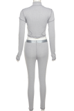 Grey Sexy Solid Patchwork Zipper Collar Long Sleeve Two Pieces