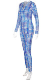 Blue Fashion Casual Print Basic V Neck Skinny Jumpsuits