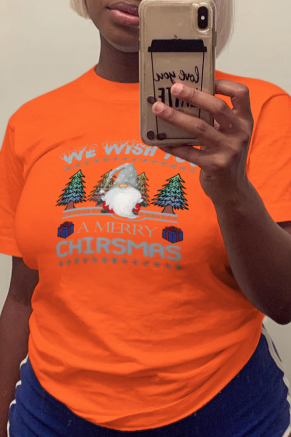 Orange Street Party Print O Neck T-Shirts