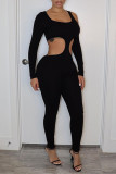 Black Sexy Casual Solid Hollowed Out U Neck Skinny Jumpsuits