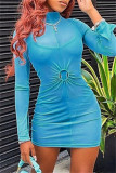 Blue Fashion Sexy Solid See-through Turtleneck Long Sleeve Two Pieces