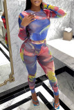 Blue Sexy Casual Print Tie Dye See-through O Neck Long Sleeve Two Pieces