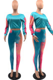 Red Green Casual Print Patchwork O Neck Long Sleeve Two Pieces
