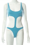 Blue Fashion Sexy Solid See-through Turtleneck Long Sleeve Two Pieces
