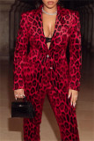 Burgundy Fashion Casual Print Cardigan Pants Turndown Collar Long Sleeve Two Pieces