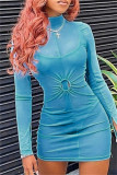 Blue Fashion Sexy Solid See-through Turtleneck Long Sleeve Two Pieces