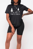 Black Casual Party Print Patchwork Letter O Neck T-Shirts