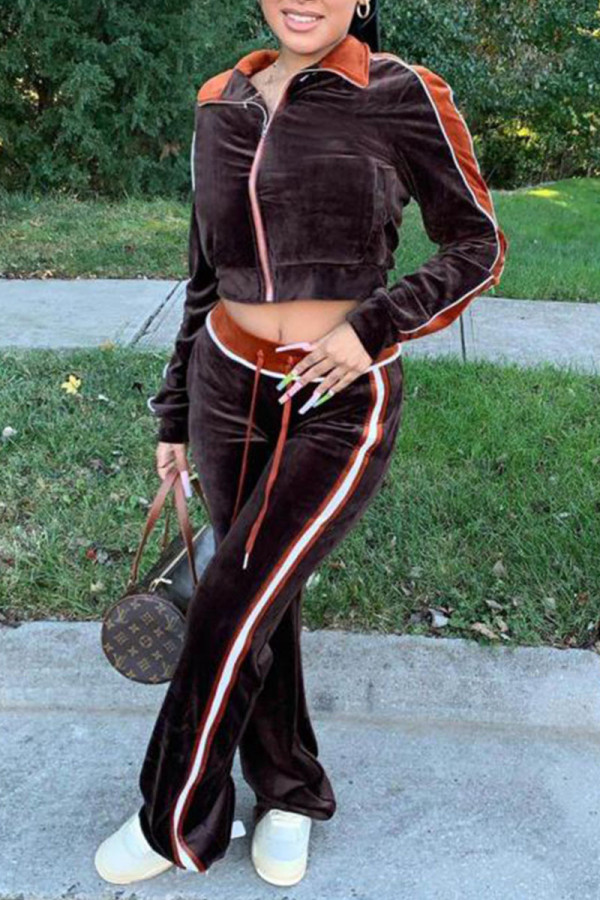 Deep Coffee Casual Solid Patchwork Zipper Zipper Collar Long Sleeve Two Pieces