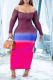 Rose Red Sexy Gradual Change Patchwork Off the Shoulder Pencil Skirt Dresses