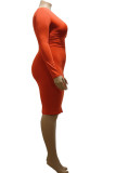 Orange Sexy Long Sleeves V Neck Step Skirt Knee-Length Solid Dresses