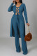 Peacock Blue Sexy Solid Bandage Hollowed Out Patchwork Long Sleeve Two Pieces