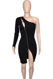 Black Fashion Sexy Solid Patchwork Backless Zipper Oblique Collar Long Sleeve Dresses