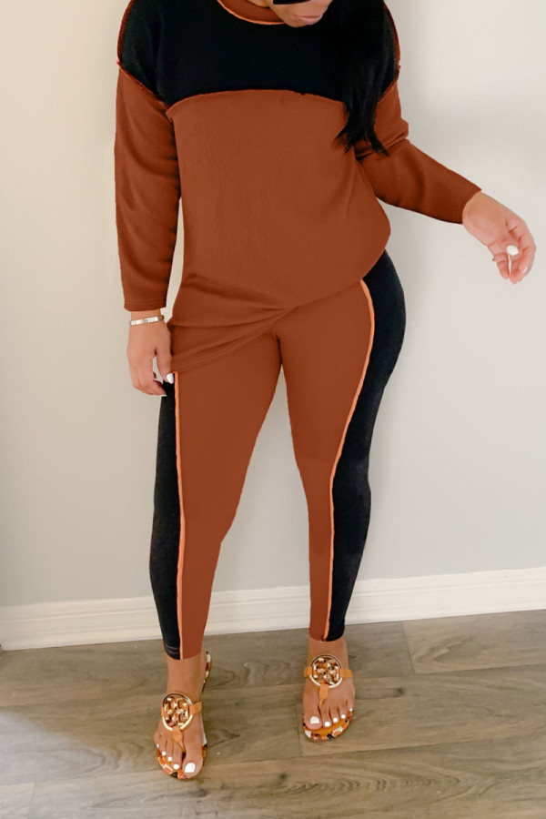 Brown Casual Solid Patchwork O Neck Long Sleeve Two Pieces