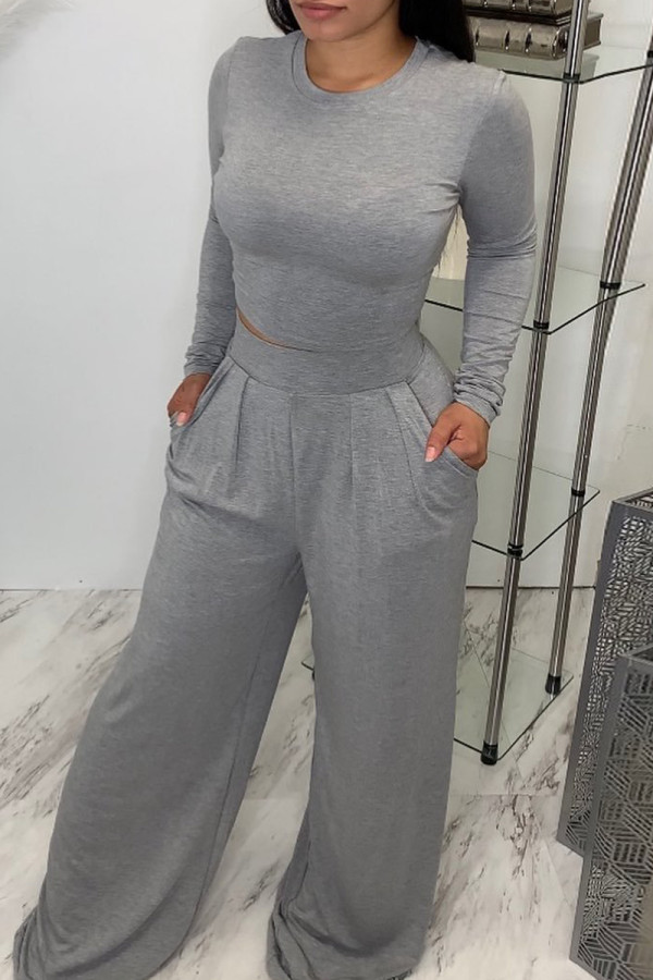 Grey Fashion Casual Solid Basic O Neck Long Sleeve Two Pieces