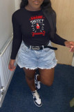 Black Casual Party Print Patchwork O Neck Tops