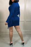 Blue Sexy Solid Tassel O Neck Pencil Skirt Plus Size Dresses