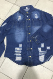 Deep Blue Street Solid Ripped Make Old Patchwork Buckle Turndown Collar Long Sleeve Straight Denim Jacket
