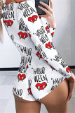 White Fashion Living Print Basic V Neck Long Sleeve Skinny Romper
