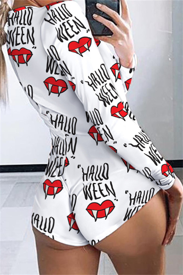 White Fashion Living Print Basic V Neck Long Sleeve Skinny Romper