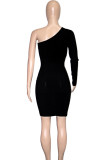 Black Fashion Sexy Solid Patchwork Backless Zipper Oblique Collar Long Sleeve Dresses