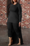 Black Fashion Casual Solid Asymmetrical O Neck Plus Size Two Pieces