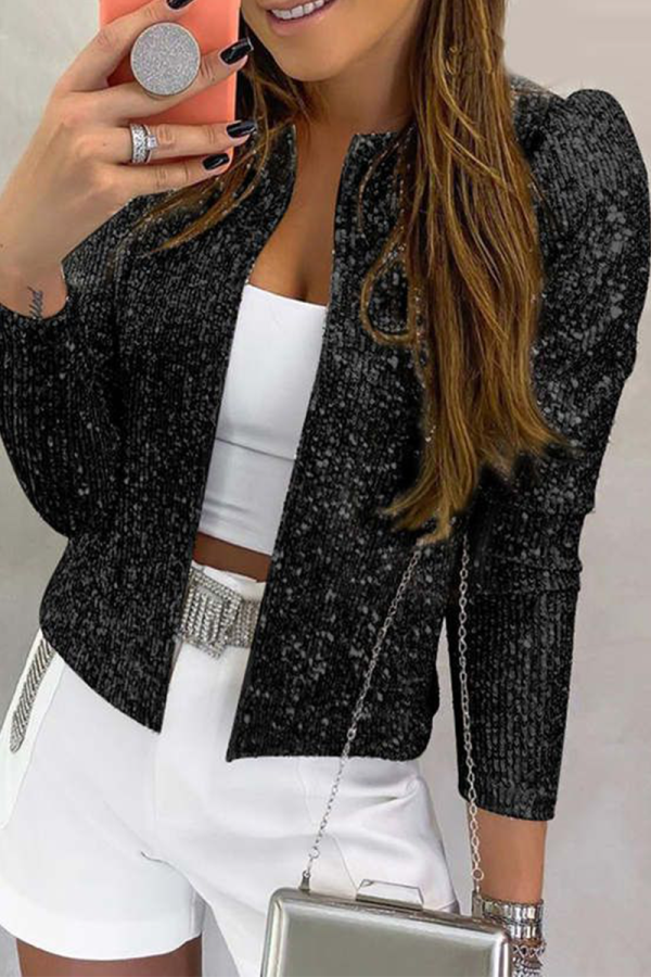 Black Fashion Solid Sequins Split Joint O Neck Outerwear