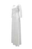 White Fashion Sexy Solid Backless Slit V Neck Long Sleeve Evening Dress
