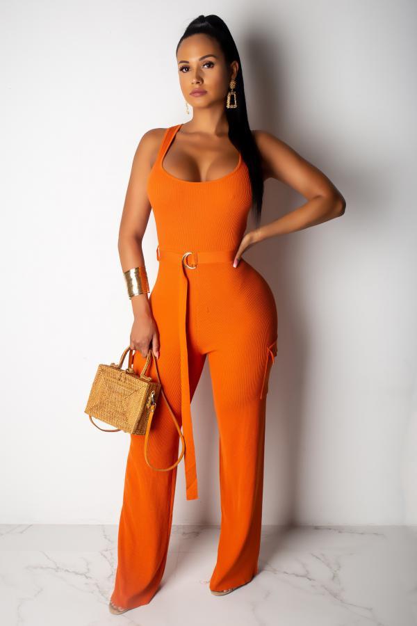 Orange Fashion Asymmetrical bandage Solid Pocket zipper Sleeveless Slip Jumpsuits