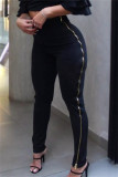 Black Fashion Casual Solid Patchwork Zipper Skinny High Waist Pencil Trousers