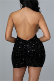 Yellow Sexy Patchwork Sequins See-through Backless Halter Sleeveless Dress Dresses