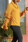 Yellow Casual Street Solid Patchwork Flounce Asymmetrical Turtleneck Tops