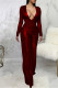 Burgundy Fashion Casual Solid Basic V Neck Regular Jumpsuits