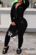 Black Casual Print Draw String Zipper Collar Long Sleeve Two Pieces