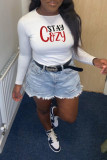 White Casual Simplicity Print Letter O Neck T-Shirts