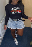 Black Street Party Print Patchwork Letter O Neck Tops
