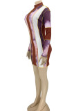Brown Casual Print Patchwork O Neck Pencil Skirt Dresses