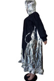 Black Street Solid Patchwork Flounce Hooded Collar A Line Dresses