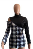 Red Casual Plaid Patchwork Turtleneck Tops