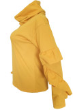 Yellow Casual Street Solid Patchwork Flounce Asymmetrical Turtleneck Tops