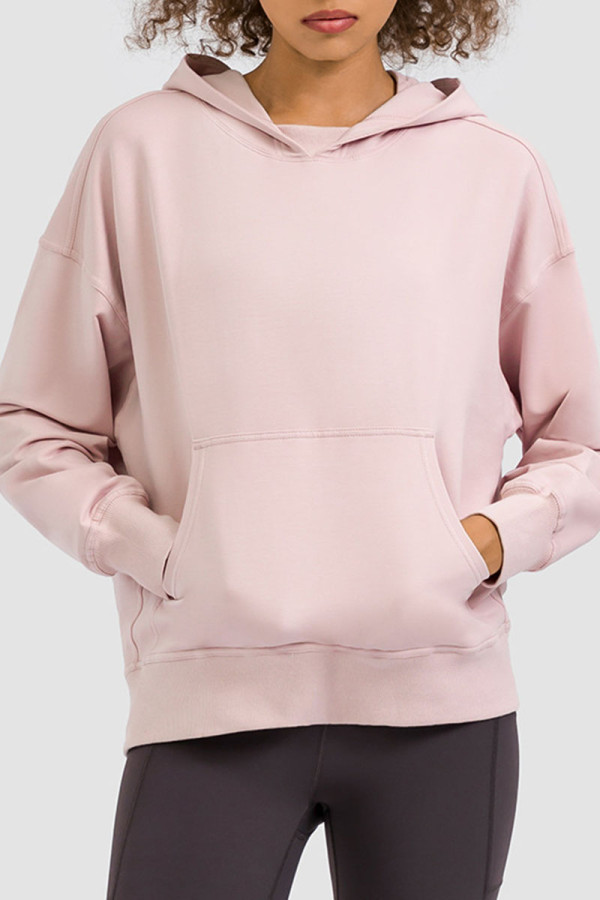 Pink Casual Solid Patchwork Pocket Hooded Collar Tops