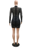 Red Fashion Sexy Hot Drilling Hollowed Out Turtleneck Long Sleeve Dresses
