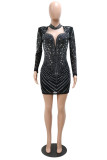 Red Fashion Sexy Hot Drilling Hollowed Out Turtleneck Long Sleeve Dresses
