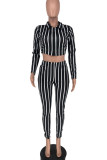 Pink Sexy Striped Print Patchwork Zipper Turndown Collar Long Sleeve Two Pieces