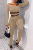 Grey Sexy Solid Mesh Square Collar Long Sleeve Two Pieces