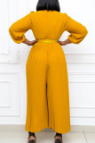 Yellow Fashion Casual Solid With Belt O Neck Regular Jumpsuits