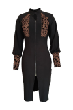Black Sexy Leopard Patchwork Zipper Collar Pencil Skirt Dresses