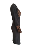 Black Sexy Leopard Patchwork Zipper Collar Pencil Skirt Dresses