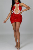 Yellow Sexy Patchwork Sequins See-through Backless Halter Sleeveless Dress Dresses