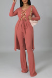 Pink Sexy Solid Bandage Hollowed Out Patchwork Long Sleeve Two Pieces