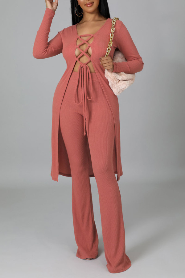 Pink Sexy Solid Bandage Hollowed Out Patchwork Long Sleeve Two Pieces